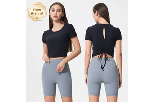 Women's Breathable Yoga Top Hollow-Out Back Short Sleeves Drawstring Wrinkle Design Fixed Cup Fitness Shirt for Summer Outdoor