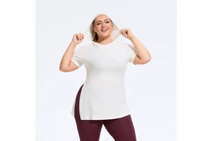 Women's Plus Size Lightweight Yoga Fitness Sports Top Hooded Slim Fit Short Sleeve Running T-Shirt Breathable Side Slit