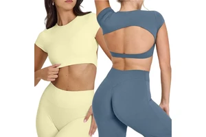 Women's Breathable Short Sleeves T-shirt Fitness Yoga Round Neck Quick Drying Cropped Top Gather High Stretch Workout Shirts