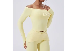 New Style Women's Brushed Off the Shoulder Nude Feeling Tummy Control Long Sleeve Pilates Fitness T Shirt