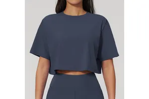 European & American Style Women's Sports Short Sleeve Yoga Top, Cropped Loose Fit Round Neck T-Shirt Athletic Yoga Clothing