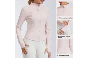 Quick-Drying Slim-Fit Stand-Up Collar Sports Long-Sleeve Yoga Jacket Zipper Spandex/Polyester Material for Women Outdoor Fitness