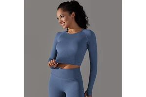 European & American Seamless Solid Color Jacquard Long Sleeve - High Elastic Tight Yoga Activewear