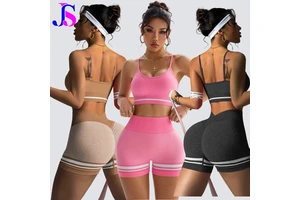 JINSI 2PCS Contrast Color Sports Set Quick-Drying Gym Set Yoga Suit Running Sport Backless Bra+Striped Shorts Yoga Set