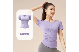 Women's V Neck Fitness Top Short-Sleeved Pleated T-Shirt Compression Sports Top Running Yoga Made Spandex Nude Color