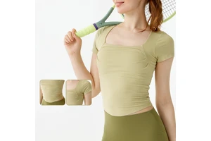 New Fitness Short-sleeve Ruched Yoga Top With Chest Pad Slim-fit Running Sports T-shirt For Women's