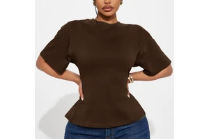 Women's Hip Hop Solid Brown Jersey Regular Fit Daily Casual Women Back Zip T-shirt Short Sleeve Curved Bottom Ribbed Gym T-shirt
