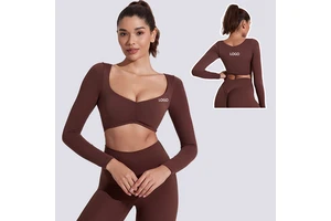Custom Logo Women Long Sleeve Yoga Crop Top Ruched Front Pleated Quick Dry Breathable Gym Fitness & Yoga Wear Womens Sportswear