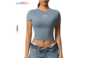 Quick Dry Womens Short Sleeve Yoga Top Custom Logo Gym Wear Round Neck Slim Fit Running Sport T-shirt