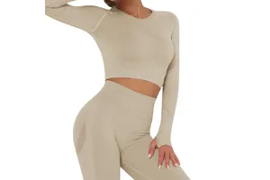 Custom Wholesale Women Seamless Long Sleeve Yoga Crop Top Fitness Gym Workout Stretch Athletic Activewear Training Sports Top