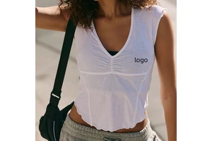 Aoyema Custom Summer New Style Women Yoga Wear V-neck Short Sleeves Quick-Drying Vest Suitable for Running Sports