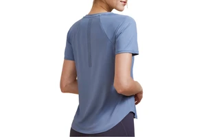 Women's Custom Logo Summer Workout Fitness Top Quick Dry Stretch Mesh Patchwork Curve Hem Yoga & Running Training Shirt