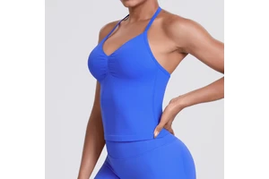 Front Wrinkle V-Neck Sexy Backless Shockproof Padded Halter Fitness Yoga Top Seamless Active Stretch Workout Gym Tank Top