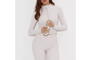 Custom Nylon Spandex Print Four-Way Stretch Elastic Waist High Waist Yoga Top Gym Short Long Sleeve Activewear Front Logo