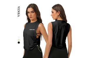 Women Breathable Athletic Wear New Design Hem Drawstring Sports Fitness Loose Round Neck Girl Sleeveless Yoga Tank Top T Shirts