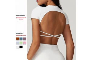 Women's Fitness Tops Brushed Tight Back Short-Sleeved Yoga T-Shirt Casual Running Sports Workout Sportswear Adults 8536