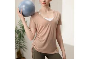 Viscose/Polyester Solid Simple Loose Breathable Yoga Top Womens Pleated Slimming Sports Short-sleeve T-shirt 140g Sublimation