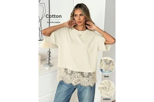 New Fashion Women's Slim Straight Round Neck Short Sleeve Asymmetric Hemp Splicing Lace Plus Size Women's T-shirts