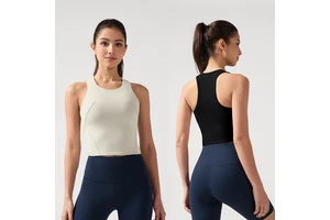 Women's Round Neck Yoga Tank Top with Built-in Chest Pad High Support Shock Absorbent Side Arm Containment Racerback Sports Top