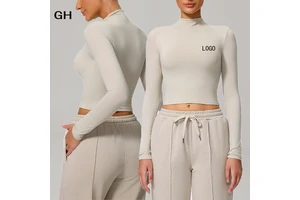 GH Long Sleeve Yoga High Neck Gym Top Custom Quick Dry Workout Activewear Nylon Fabric Fitness Women Crop Top