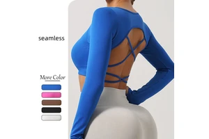 Cross Backless Tied-at-the-back Open Back Long Sleeve Slim Fit Gym Fitness Running Cross Back Yoga Crop Top With Thumb Hole