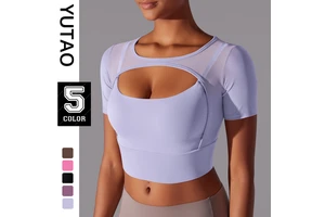Nylon Women Yoga Short Sleeve Sexy Double Layer Yoga Tank Top Spliced Mesh Yoga Clothing Vest Fitness Running Sports Bra
