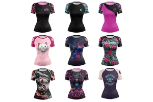 Wholesale Digital Printed Women Short Sleeve Gym Sports Rash Guard UPF 50+ Compression Surfing Yoga T Shirt for Custom Logo
