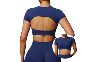 Women Quick Dry Round Neck Yoga Short Sleeve Hollow Out Beauty Back Tight Top Running Sports Fitness T-Shirt