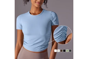 Solid Color Tight Fitting High Elasticity Sports Short Sleeved T-shirt Running Fitness Yoga Suit Top for Women