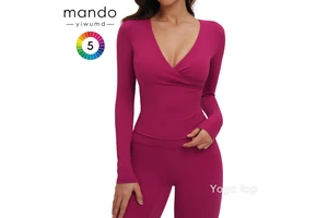 Women's Cross V-Neck Long Sleeve Yoga Top with Built-In Bra Suitable for Gym Workouts