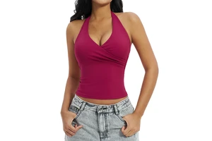 Women's Overlap V-Neck Halter Yoga Tank Top Casual Brushed Slim Fit Quick Dry Sports Fitness Top #3109