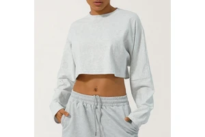 Women's Lightweight Plus Size Loose Fit Long Sleeve Cropped Yoga Crop Tops Round Neck Athletic Casual Cotton Workout Sweatshirt