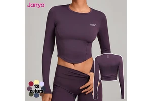 Janya Soft Breathable Active Stretch 4-Way Stretch Crew Neck Tight Gym Fitness T-shirt Slimming Fit Long Sleeve Yoga Crop Tops
