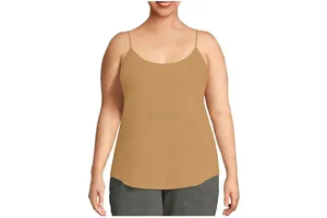 Tan Knitted Spaghetti Strap Women's Summer Sleeveless Breathable Plus Size Loose Fit Casual Tank Tops 100% Cotton Front