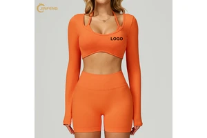 Wholesale Custom Gym Wear High Elastic Tight Yoga Clothes Jogging Slim Sport Backless Long Sleeve Shirt Knitted Tops for Women
