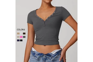 Women Tight Breathable Sports Gym Shirt Lady Sanding V Neck Yoga T Shirt Female Solid Color Short Sleeve Running Fitness Tee