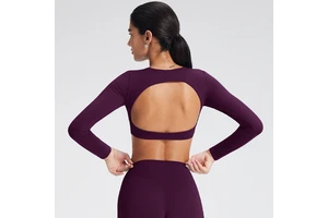 Women Ribbed Hollow Back Crop Top Long Sleeve Breathable Stretch Yoga Fitness Training Activewear