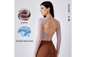 SHINBENE Women's Long Sleeve Open Back Shirts Loose Backless Twist Yoga Shirts With Thumb Hole