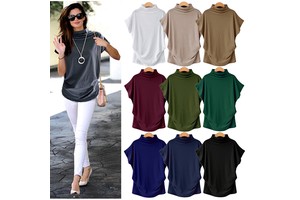 New Women Summer Casual T-shirt High Neck Bat-wing Short Sleeve Loose Blouse Plus Size Top Lady Solid Stretchy Shirt