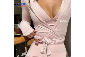 Custom Logo Long Sleeve Cardigan Workout Dance Self Tie Shirt Women Open Front Ballet Wrap Wrap Top Pilates Blouse Yoga Shirts