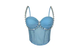 Fashion Camisoles Women Corset Top High Quality Rhinestone Pearl Strap Crop Tank Top Women Blouse Sexy Tulle Top Club Wear