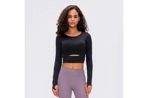 High Quality Spring Sports Wear Round Neck Short Fitness Tank Top with Thumb Buckle Solid Color Long Sleeve Yoga Top for Woman