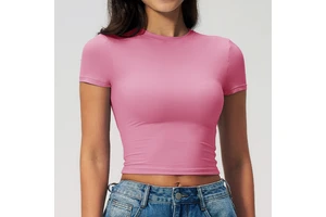 Women Sexy Crop Top Slim Fit Stretch Short Sleeve Yoga Shirt High Waisted Quick Dry Workout Tops Tight Gym Athletic Tee