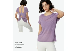 Wholesale Ladies Running Biker Pilates Yoga T Shirts Women Short Sleeve Loose Casual Backless Tops Female Workout T Shirts