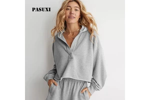 PASUXI OEM Oversized Women's Hoodie Loose V-Neck Pullover Long Sleeve Casual Yoga Top Spring Winter Sweatshirt