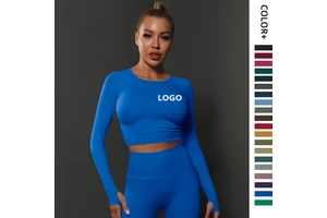 Seamless Tight Solid Color Pleated Sports Long-sleeved Tops High Elastic Breathable Running Fitness Yoga Clothes for Women