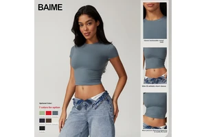 BAIME Women's Casual Versatile Tight-Fitting Quick-Dry Spandex/Nylon Fitness Top Yoga Wear Running Pilates Sports T-Shirt
