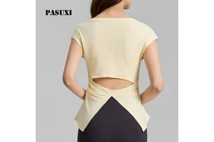 PASUXI V-Neck Ruched Yoga T-Shirt Breathable Four-Way Stretch Short Loose Fit Women Gym Tops Quick Dry Custom Activewear