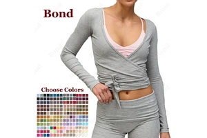 Bond Custom Quick Dry Adjustable Straps Rib Ballet Wrap Blouse V Neckline Long Sleeve Sports Yoga Pilates Top for Women