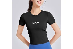 OEM Wholesale Custom Women's Yoga Top Quick Dry Gym Active Built-in Padded Cups Cutout Ruched Back Short Sleeve Cropped T-Shirts
